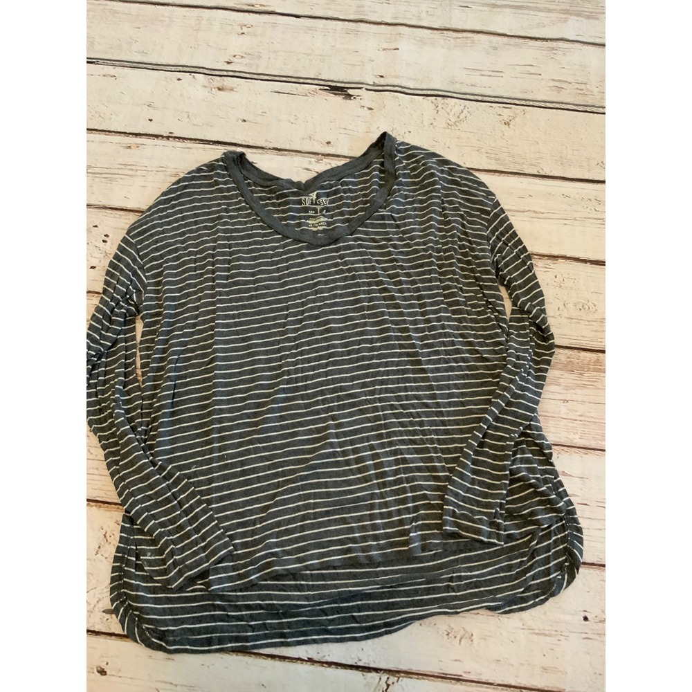 American‎ Eagle Soft & Sexy Long Sleeve Striped Tee Grey White XS Scoop Neck Top
